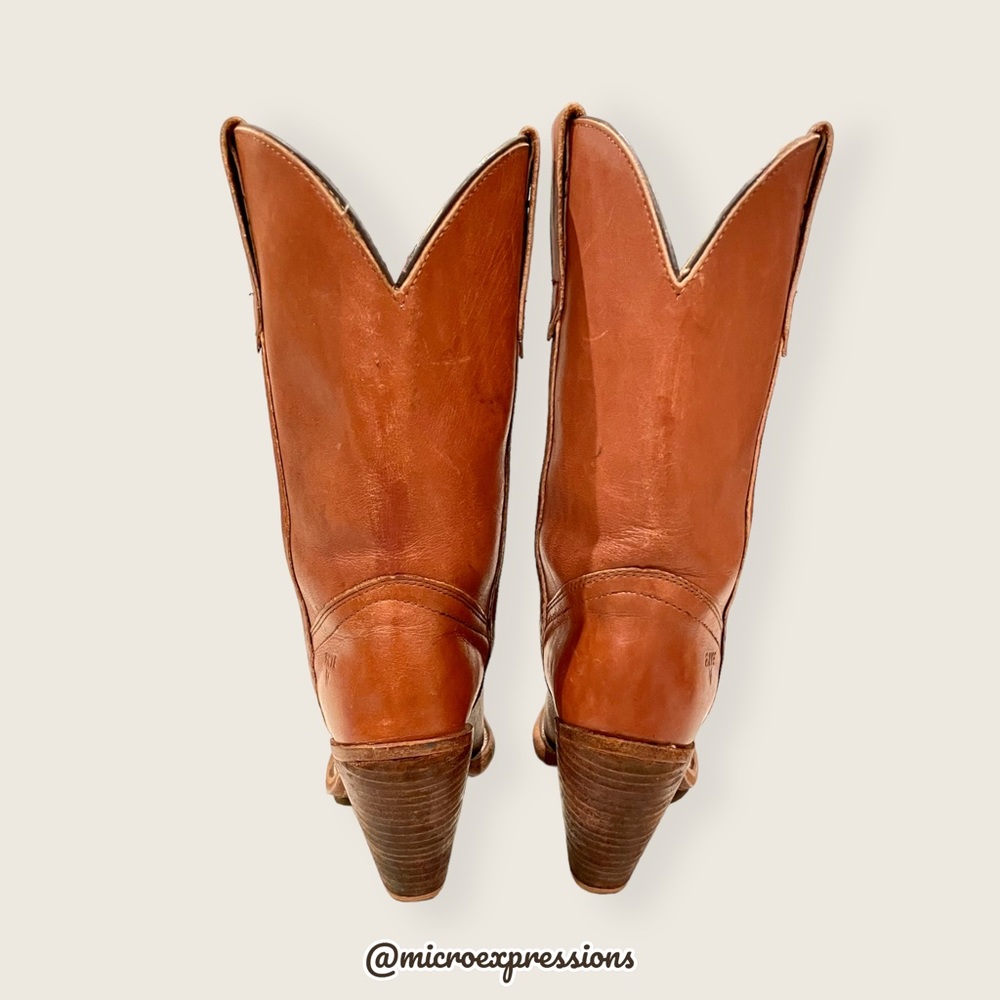 VINTAGE 1980's Frye Pull On Cognac Brown Leather Cowgirl Southern Heeled Boot - Picture 8 of 14